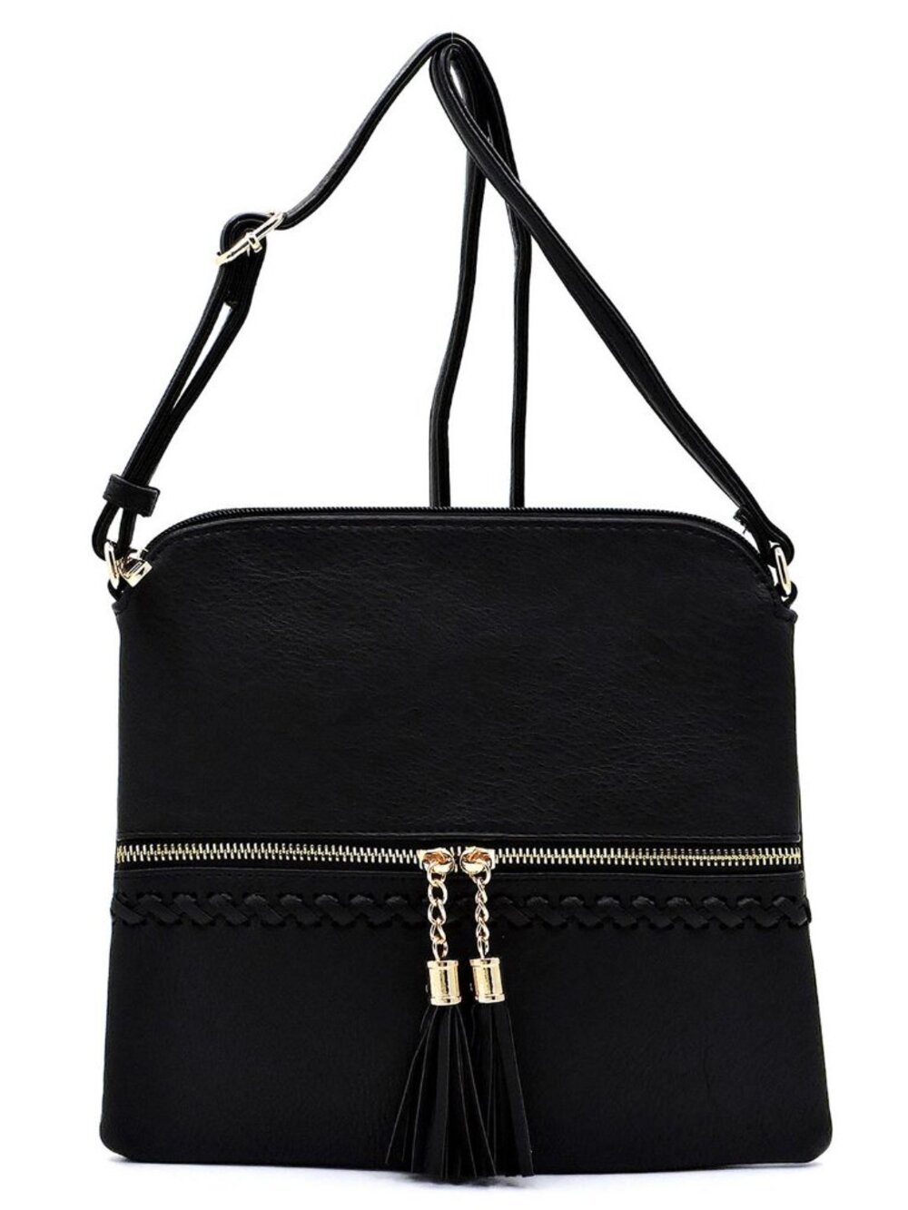 Whipstitch Tassel Zipper Crossbody Bag - Black